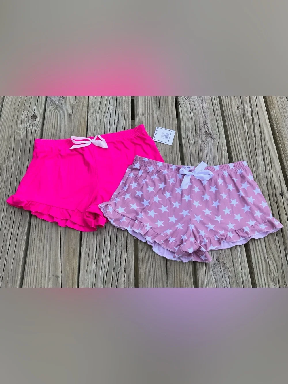 Ladies M Star Print Solid Pink Buttery Soft Ruffle Hem Knit Shorts Lounge Shorts